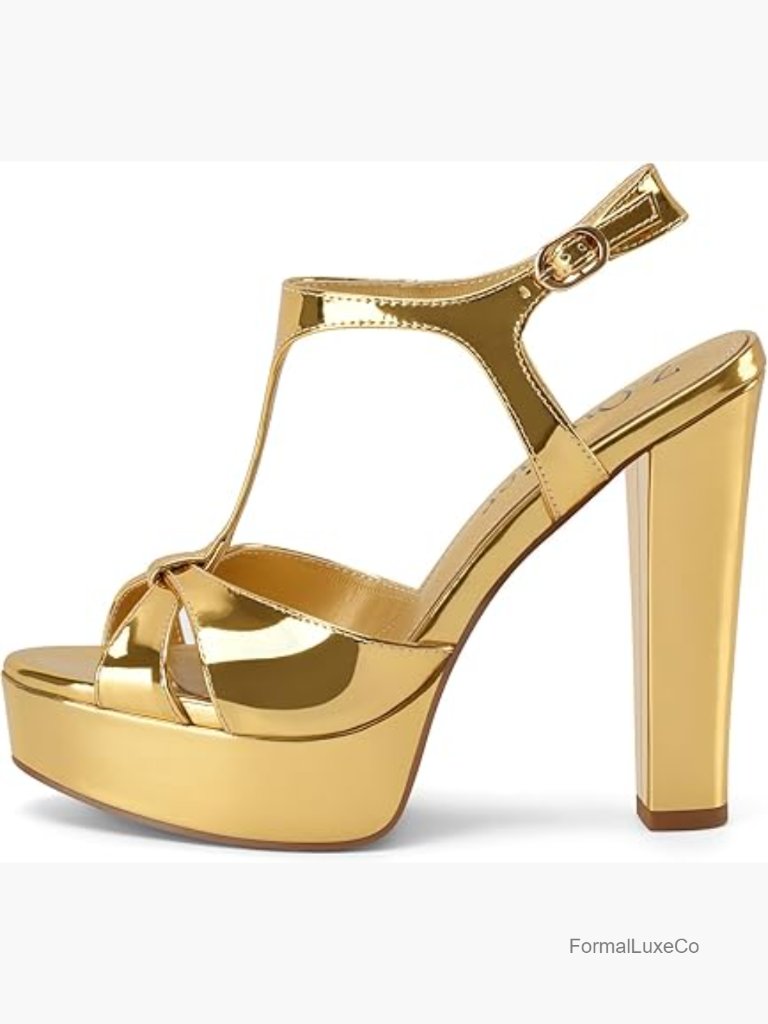 T-Strap Platform Heeled Sandals Peep Toe Block Heels Wedding Party
